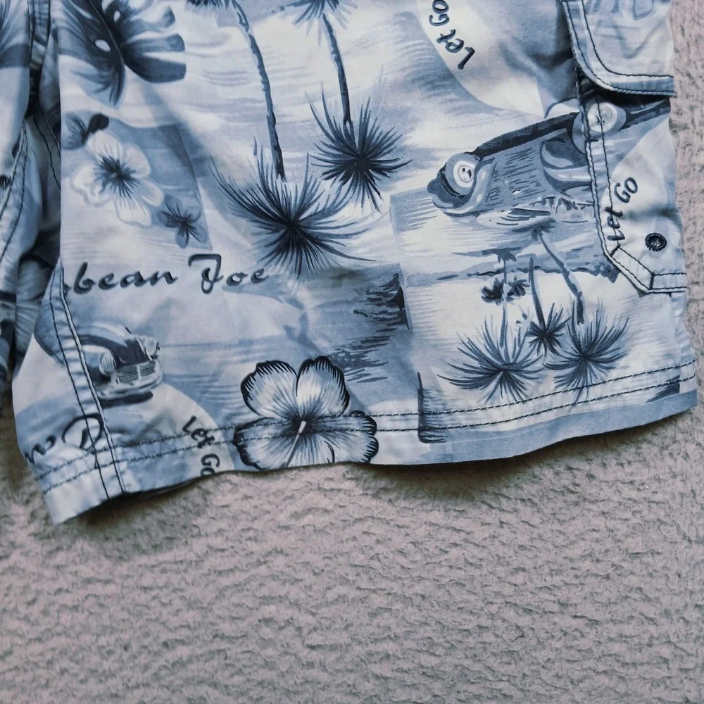 Caribbean Joe Mens L Blue Tropical Floral Island Life Board Swim‎ Shorts EUC